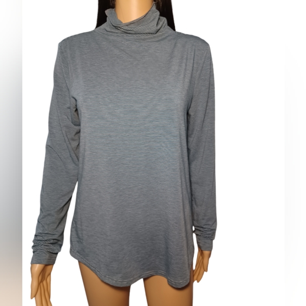 Toad & Co Pinstripe Turquoise Blue and Gray Turtleneck Size Small